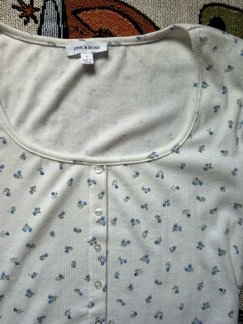 Blue Ditsy Floral Ribbed Button Top Size L NWOT